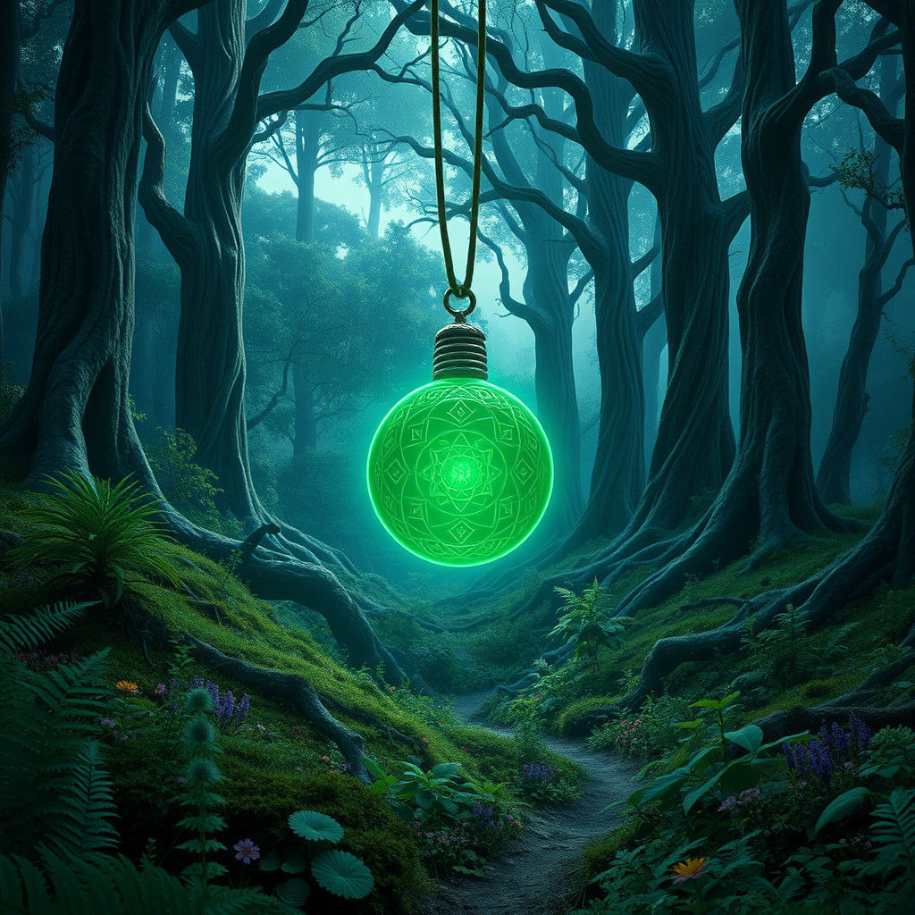 Mystical Green Amulet in Lush Forest