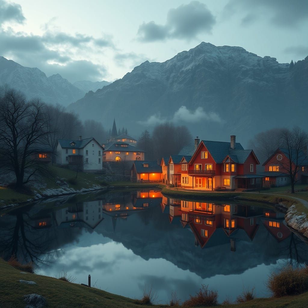 Escher-Inspired Village Landscape in Hyperrealistic 4K 3D