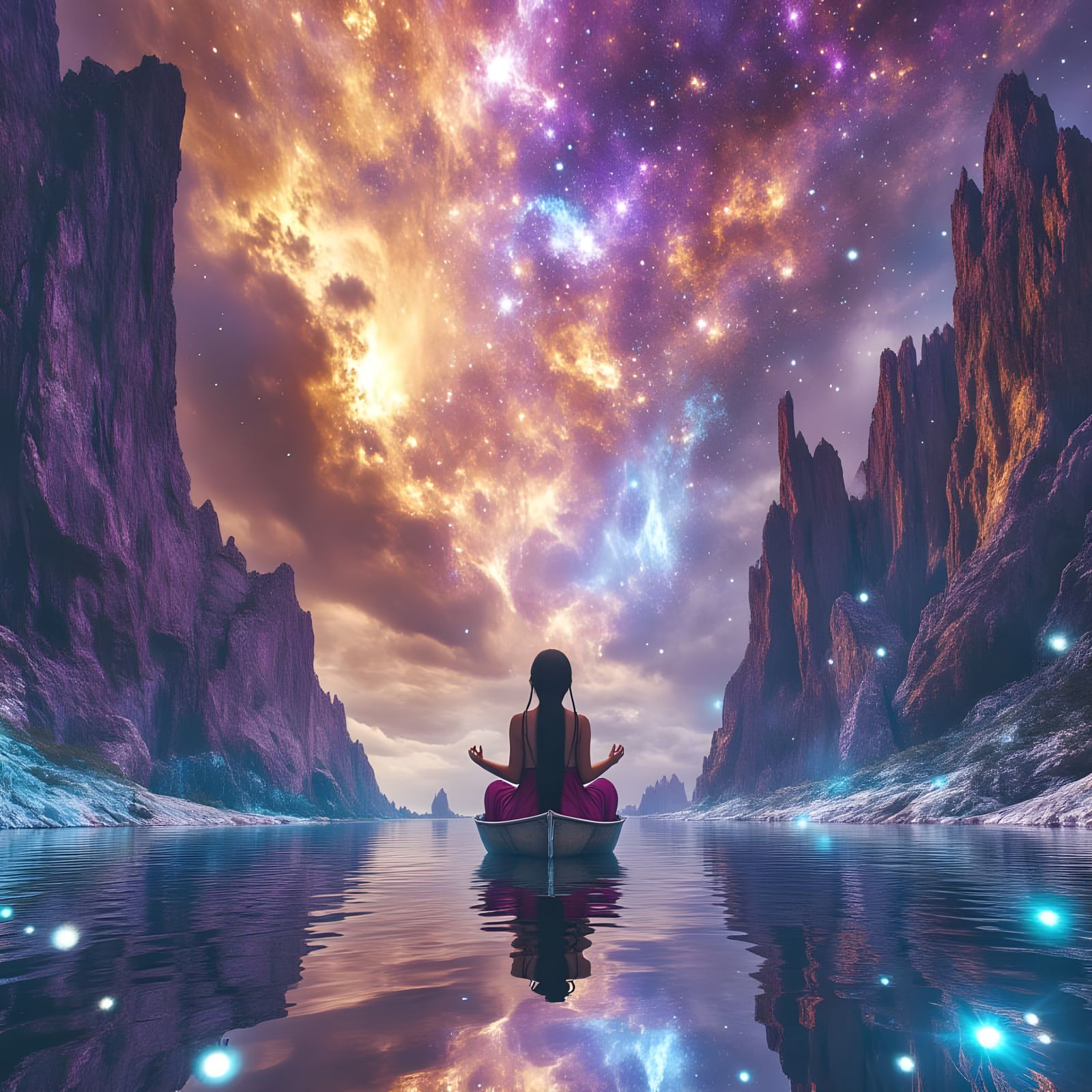 Otherworldly Nebula Landscape with Native American Woman