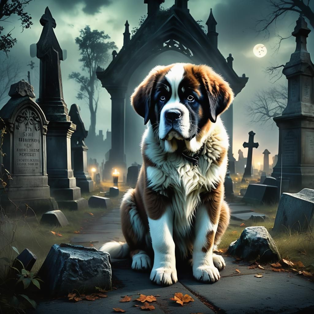 Ghostly St Bernard Puppy in Haunted Cemetery