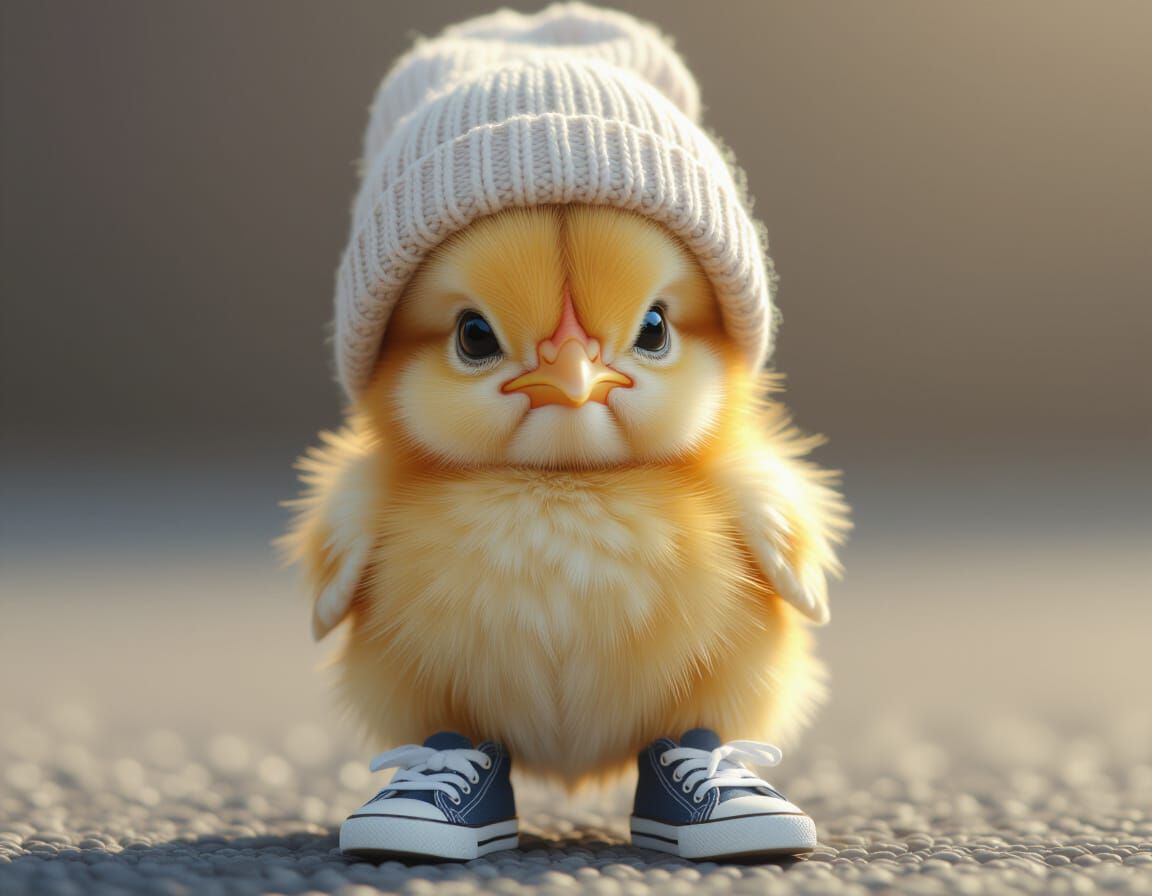 Hyperrealistic Grumpy Baby Chicken with Beanie and Sneakers