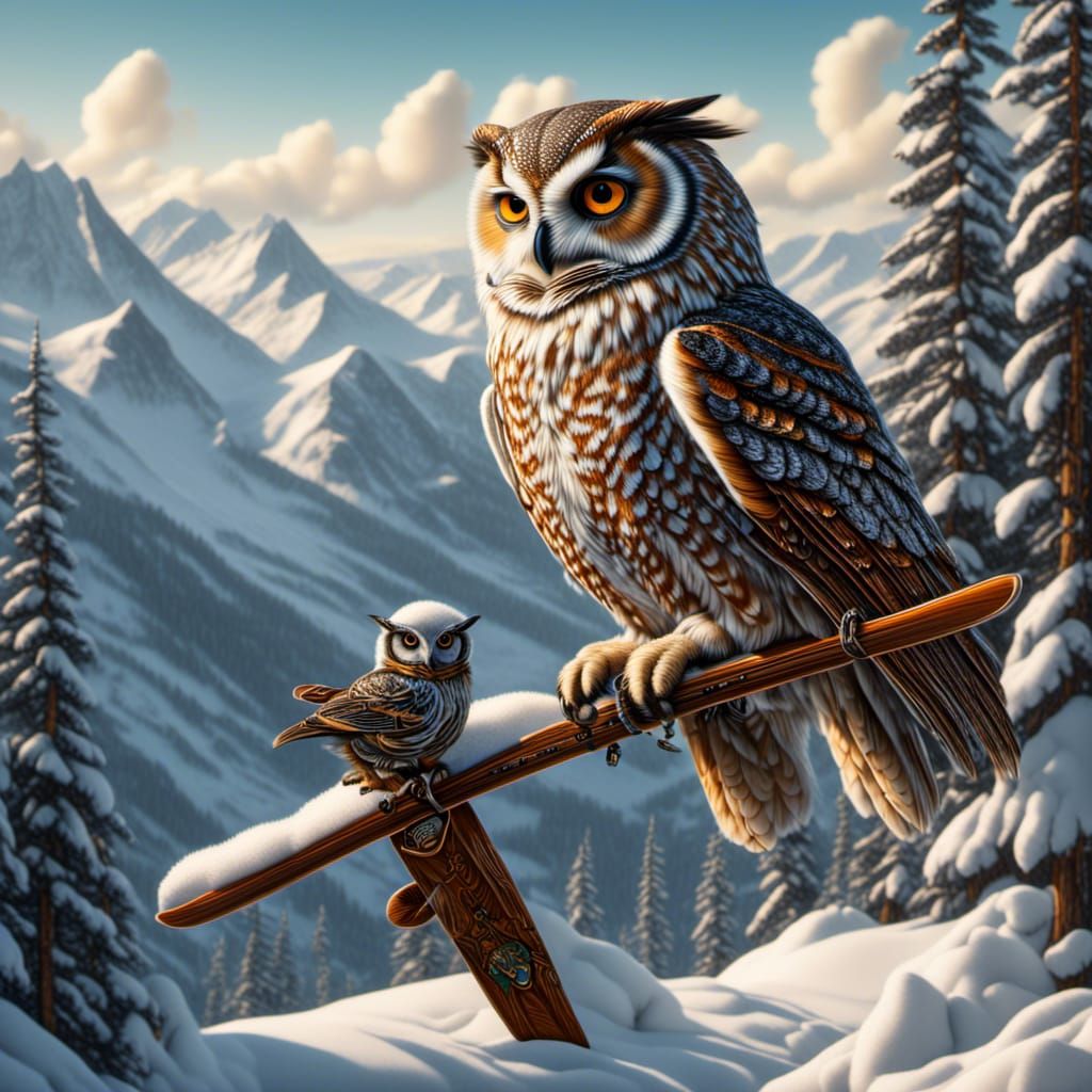 Cartoon Owl Skiing on Snowy Mountain