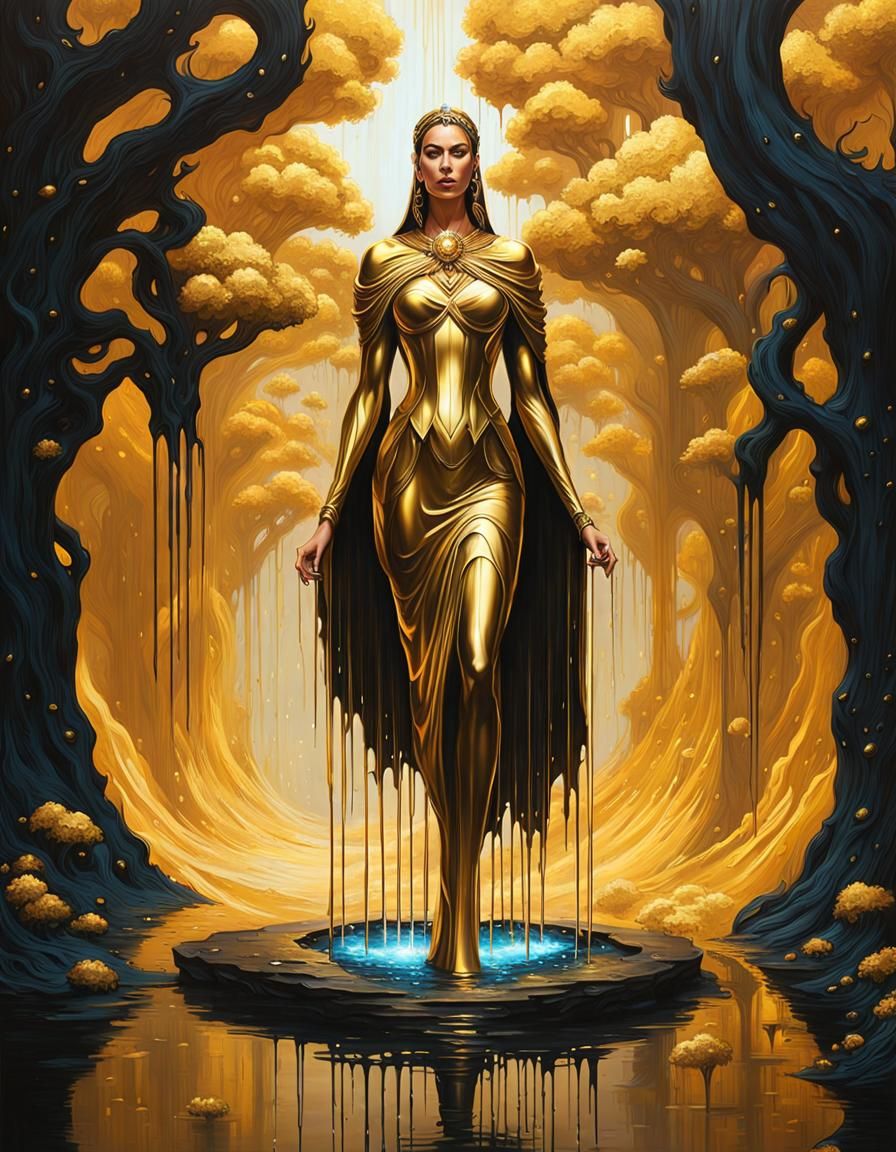 Stepping out of golden pool stunning cosmic noble queen made...