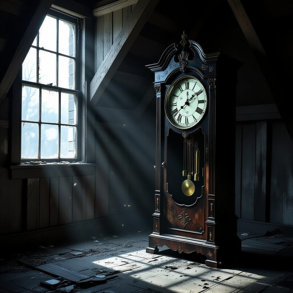 Haunting Grandfather Clock in Dusty Attic