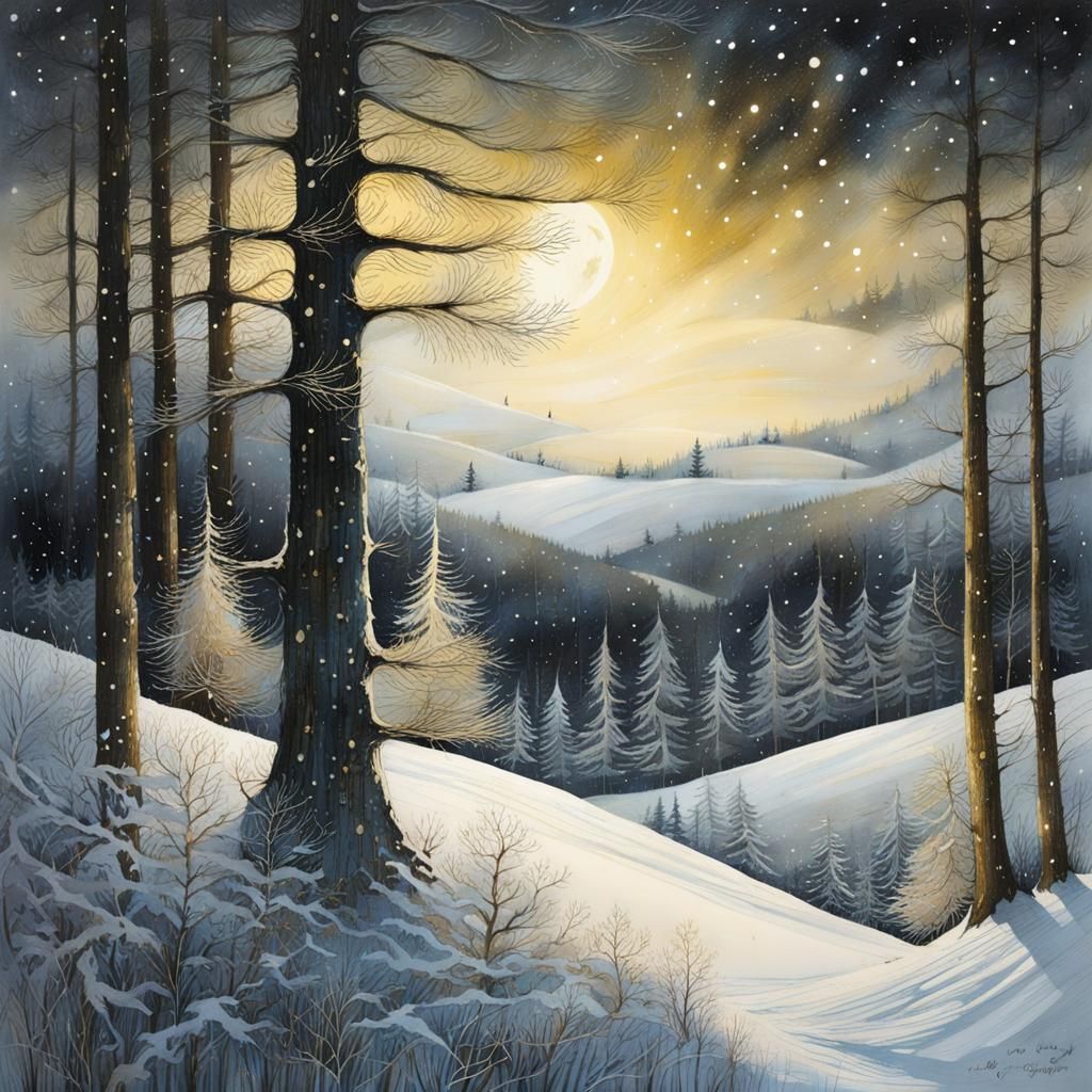 Snowy Pine Forest at Night with Soft Lighting