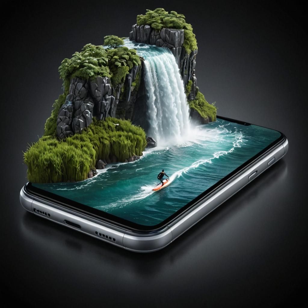 Smartphone Displaying Waterfall in Photorealistic 3D Renderi...