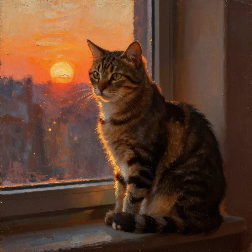 Tabby Cat at Window in Golden Hour Oil Painting
