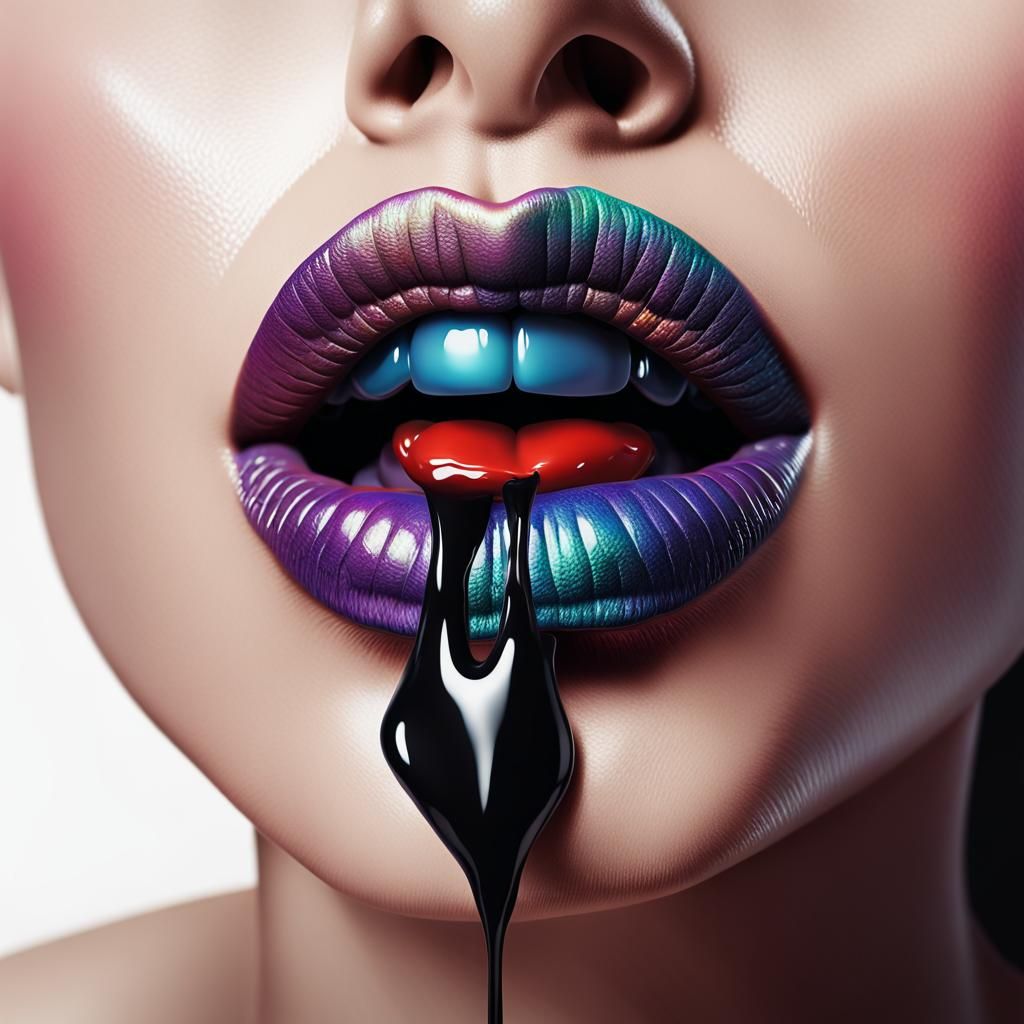 Iridescent Lipstick Melts on Woman's Lips: 3D Illustration