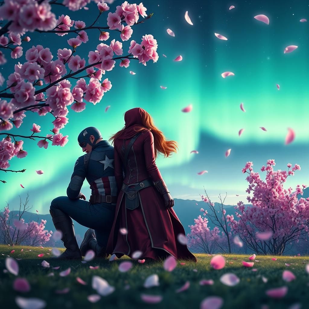 Captain America and Scarlet Witch in Cherry Blossom Field