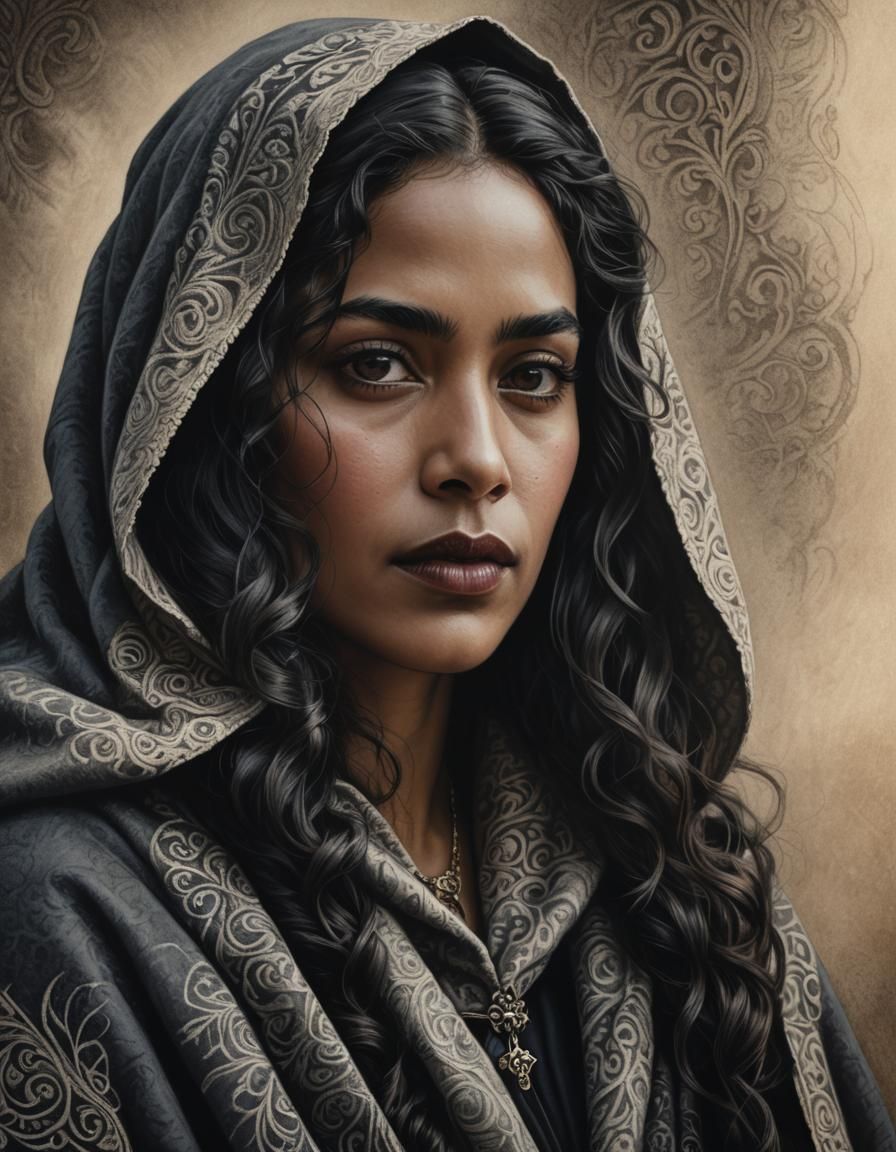 Medieval Fantasy Portrait: Hispanic Woman in Winter Cloak