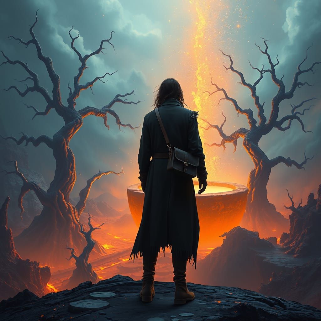 Mysterious Traveler Stands Before a Glowing, Hellish Well in...