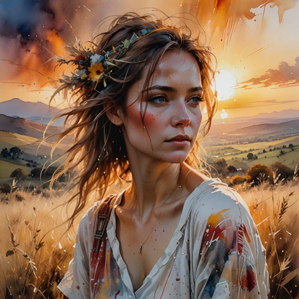 Sunset Figure in Watercolor Style