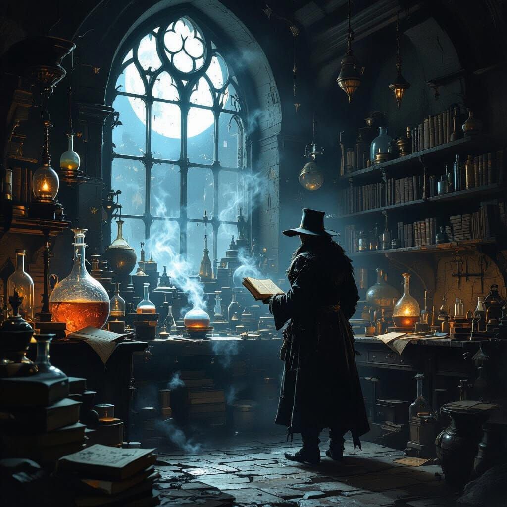 Alchemist's Mystical Laboratory in Dark Academia Style