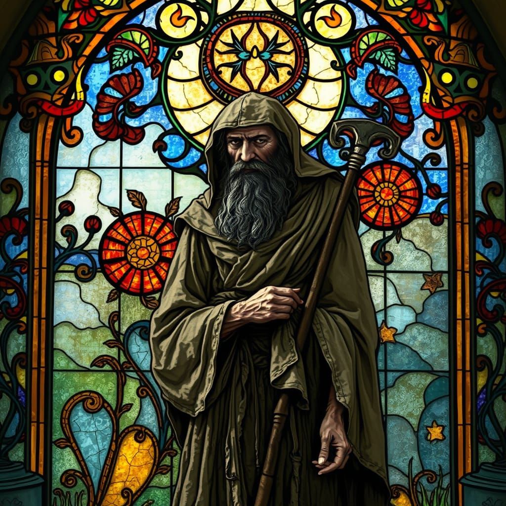 Ascetic Pilgrim in Art Nouveau Stained Glass