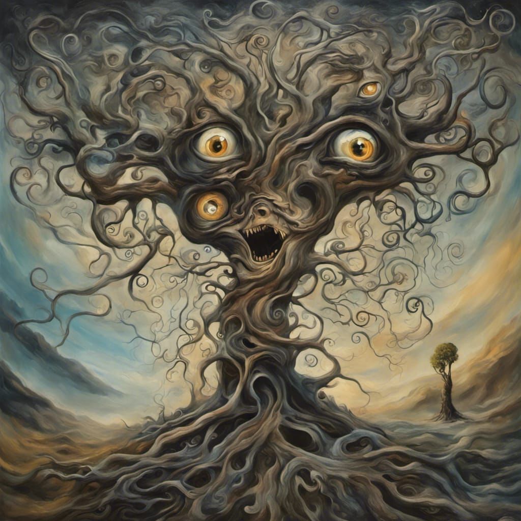 Surreal Tree of Terror: Melting Oil on Canvas