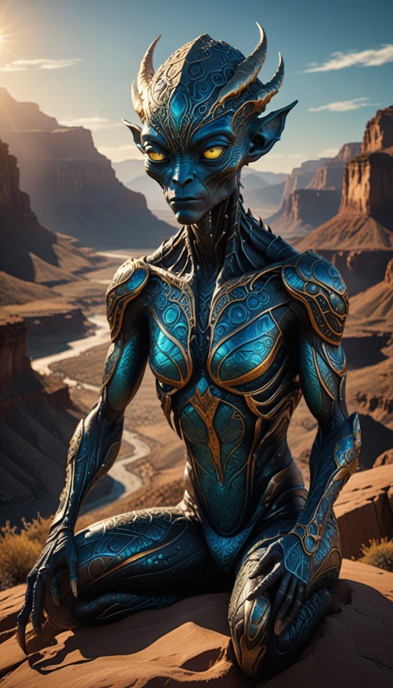 Surreal Digital Artwork: Alien Seated in Majestic Canyon Lan...