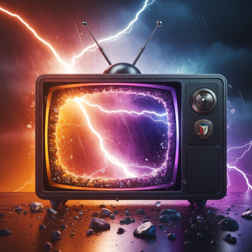 Vibrant Lightning Strikes Shattered TV in a Stormy Scene