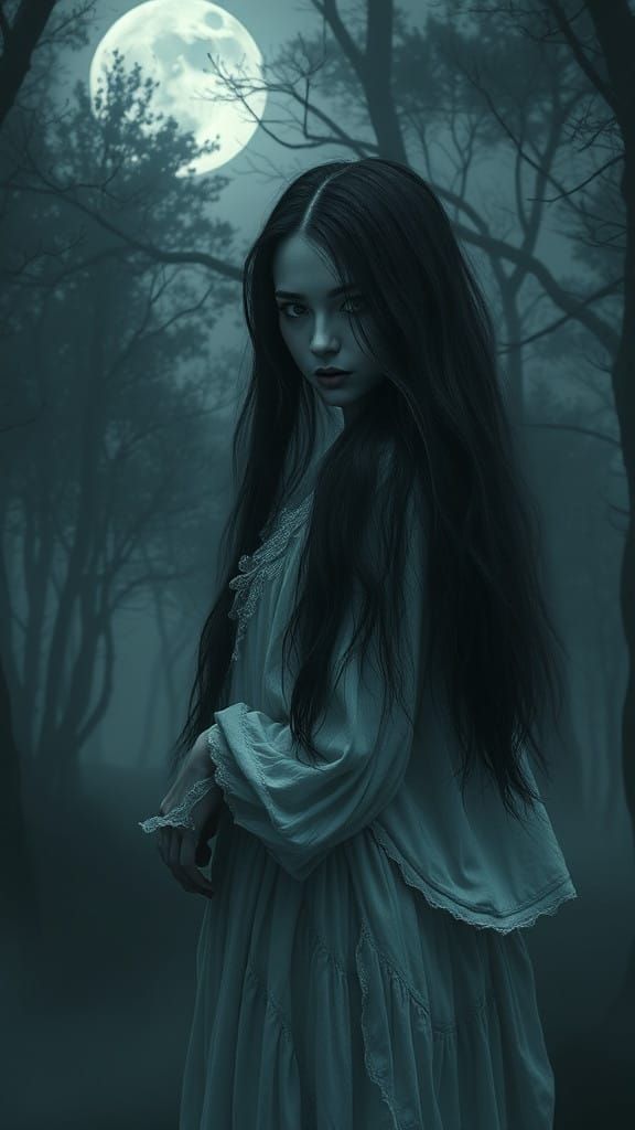 Ethereal Woman in Dark Forest Landscape
