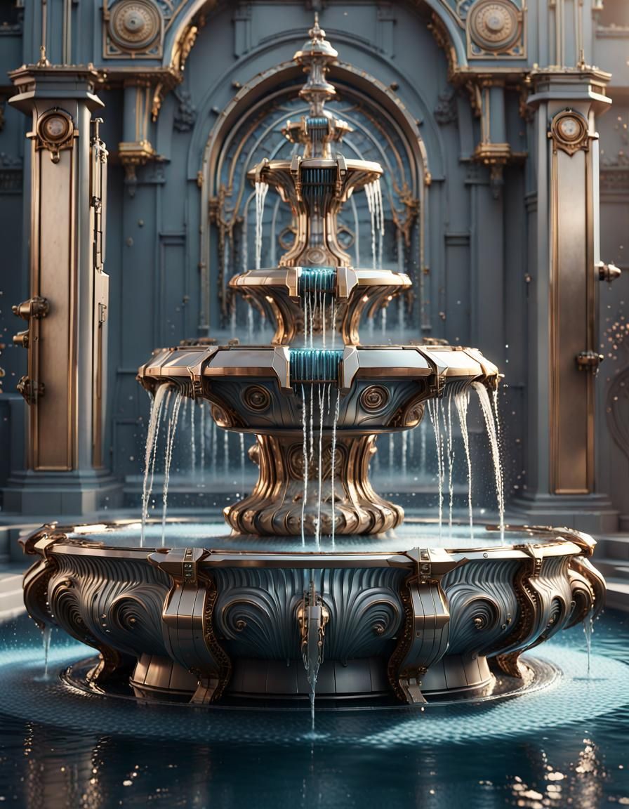 Futuristic Water Fountain with Flowing Water in Sci-Fi Style