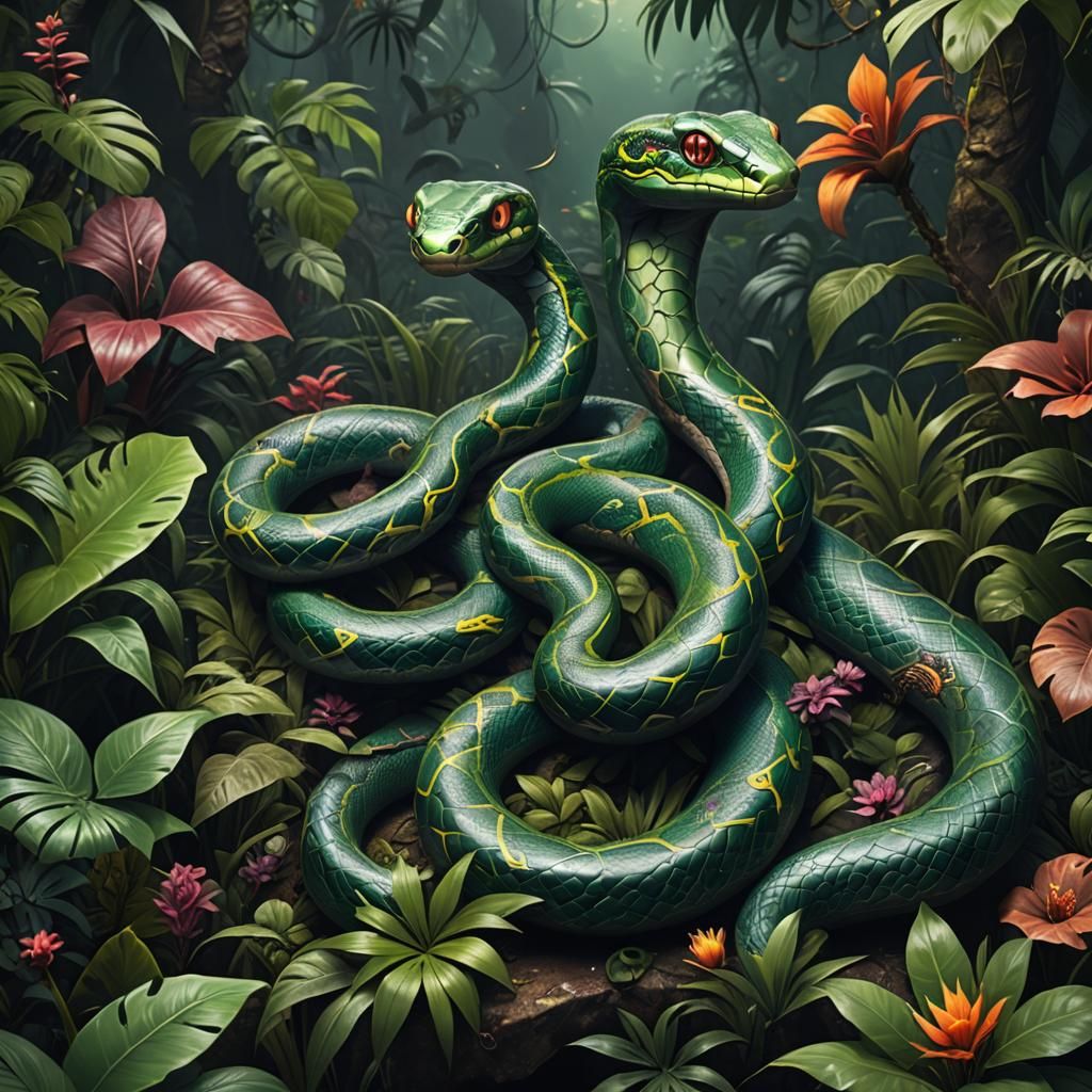 Tattooed Snake in Jungle, Detailed Matte Painting