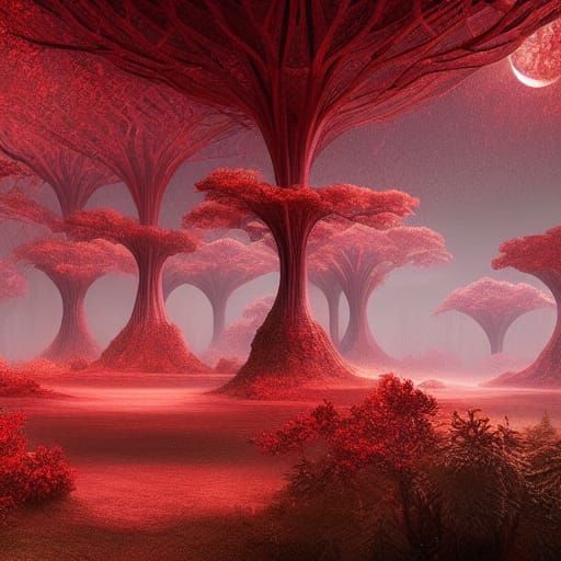 Red Crystal Forest Under Full Moon: Digital Matte Painting