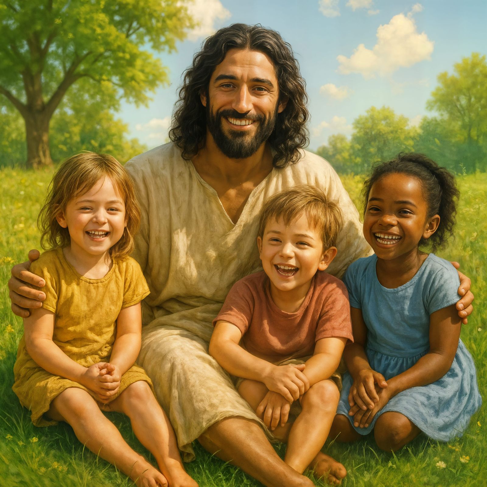 Peaceful Jesus with Children in Sunny CGI Landscape