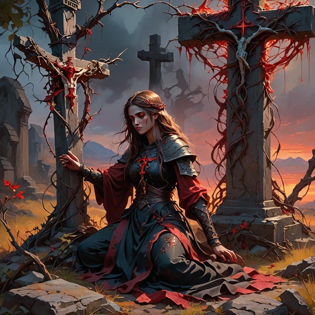 Maiden Before Thorn-Covered Cross: Fantasy Concept Art