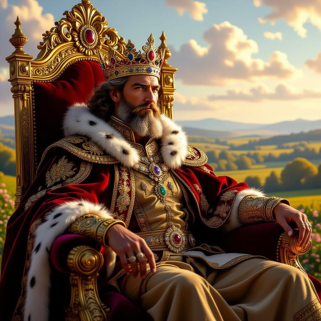 King on Golden Throne Overlooking His Kingdom