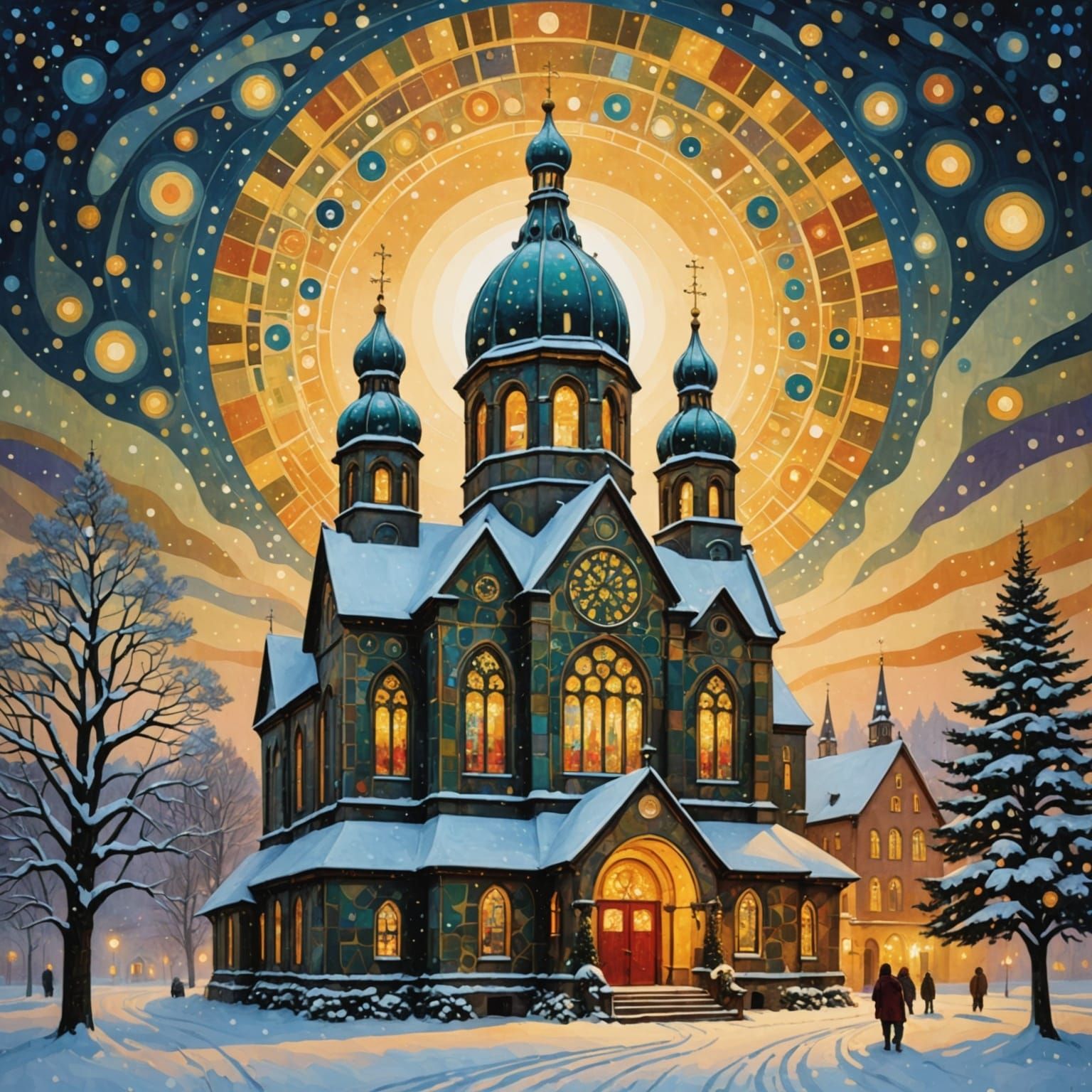 Surreal Christmas Church Radiates Golden Iridescent Light