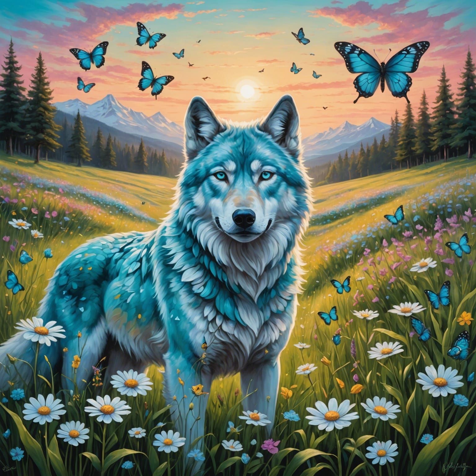 Ice Wolf Guardian in Dawn Meadow