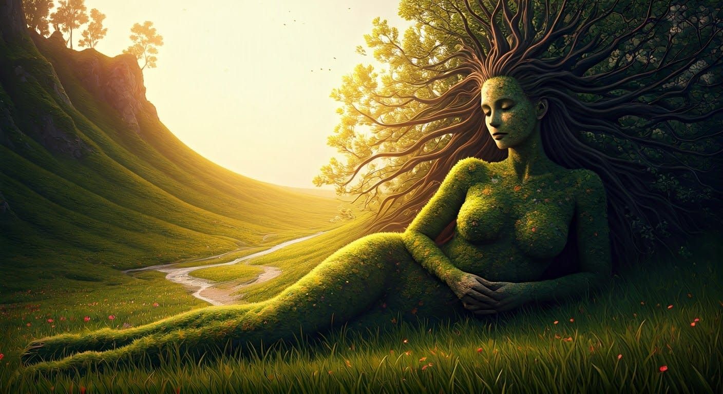 Surreal Landscape Maiden in Dreamlike Embroidered Gown