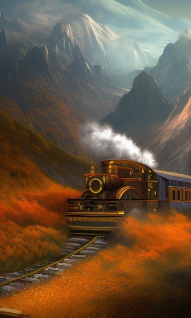 Train Journey Through Mountain Pass Oil Painting