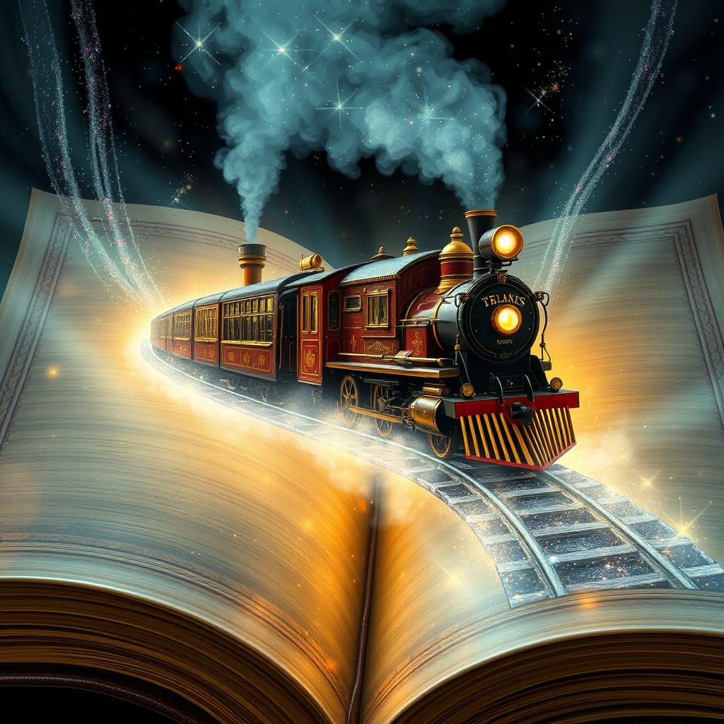 Majestic Steam Train Unfolds from Ancient Leather-Bound Tome
