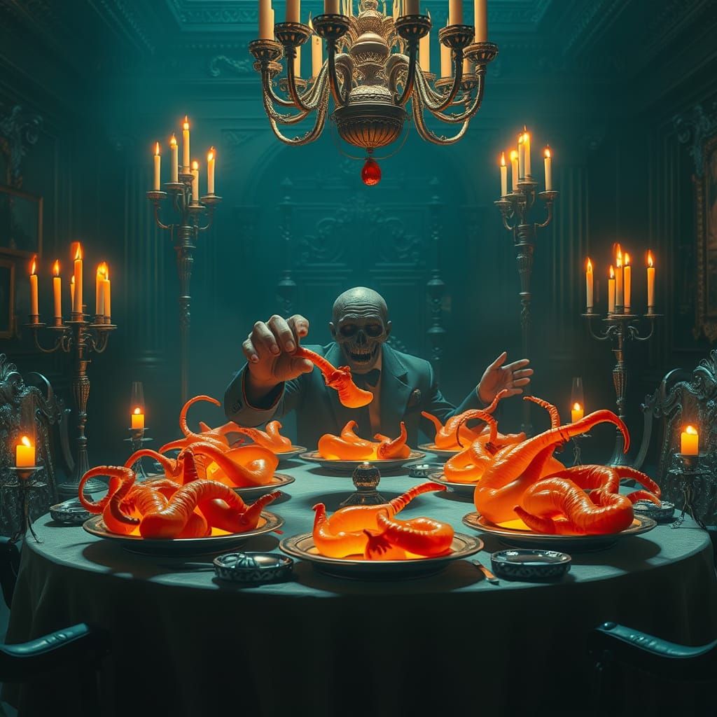 Surreal Platters of Glowing Orange Fear in a Dimly Lit Setti...