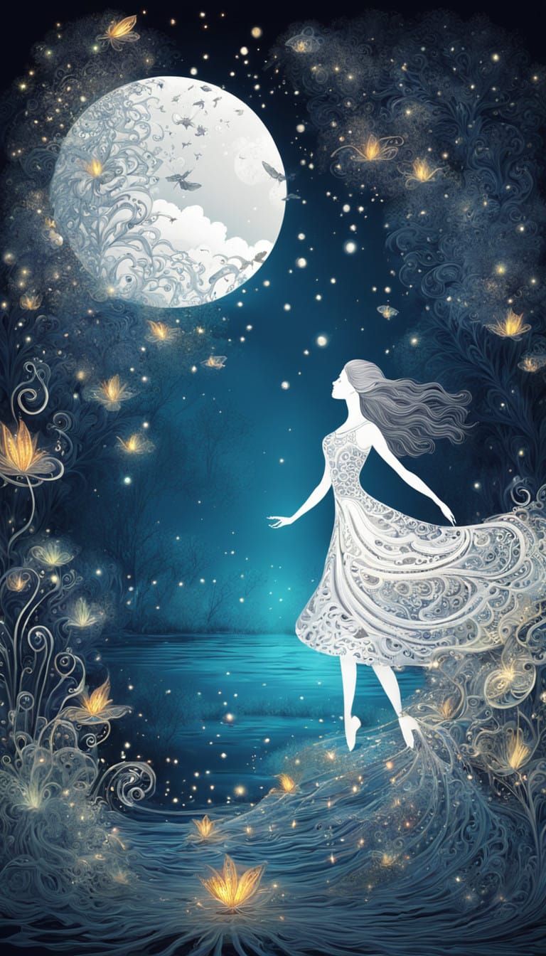 Radiant Goddess Sways Amidst Luminous Night Blooms