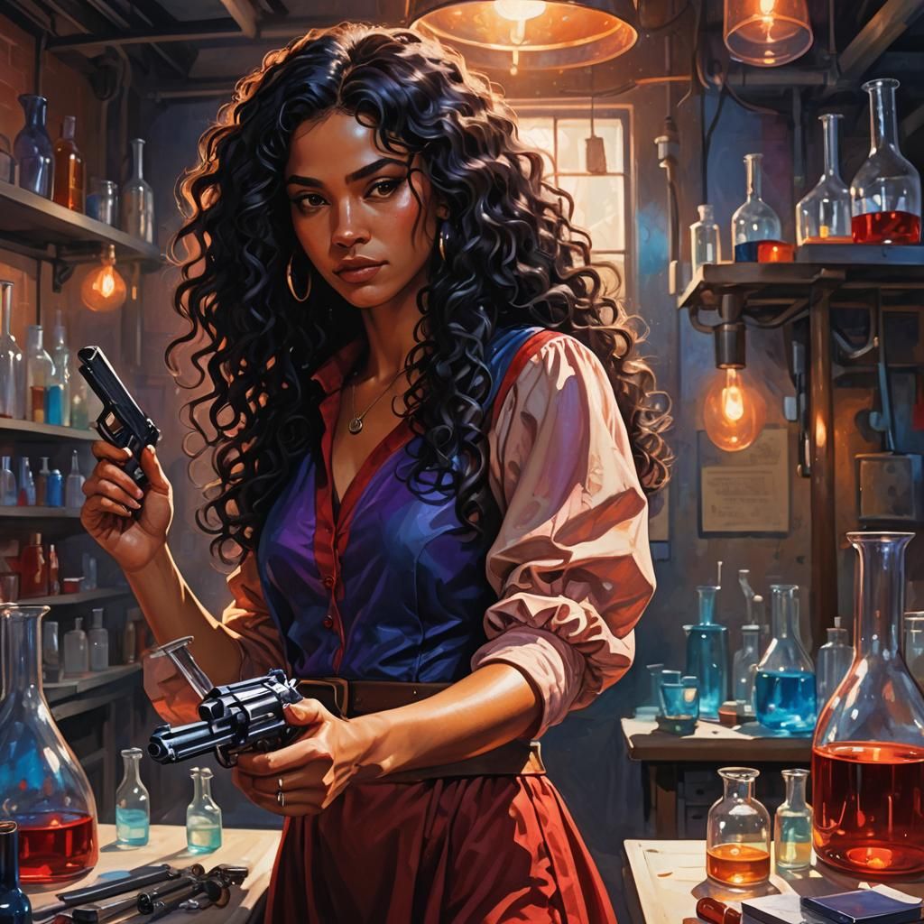 Fantasy Girl with Gun in Lab, Oil Painting