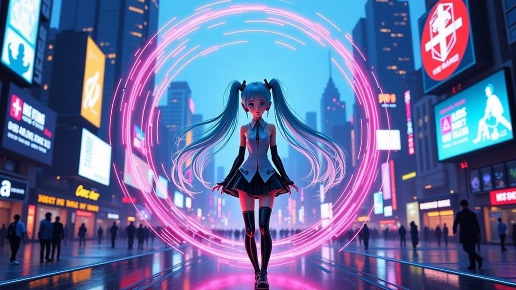 Hatsune Miku Performs on a Futuristic Stage with Neon Beams