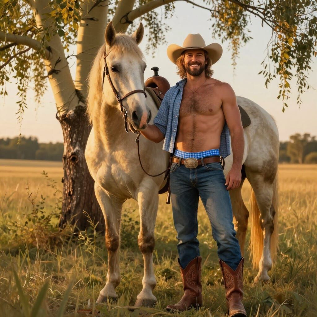 Shirtless Cowboy Poses With Palomino Horse at Golden Hour