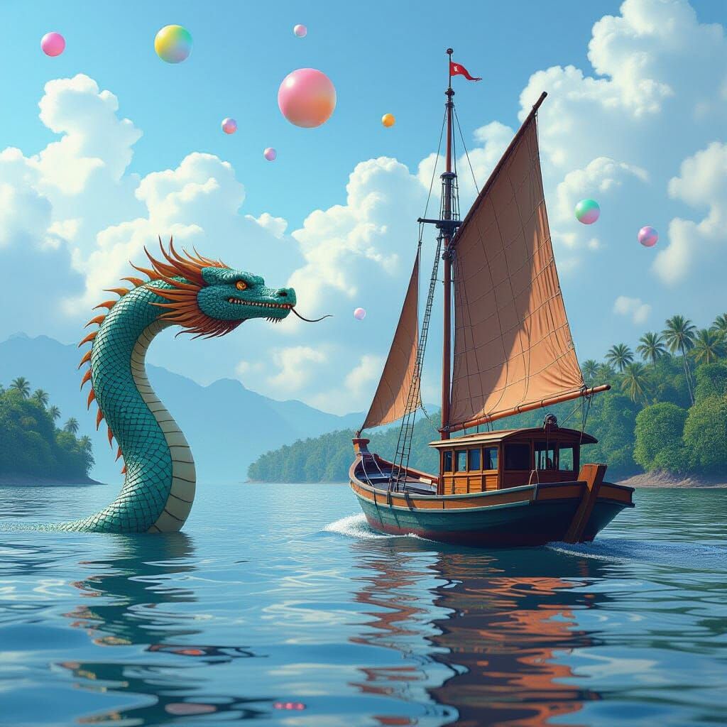 Sea Serpent Gazes at Vivid Java Junk-Rig Boat