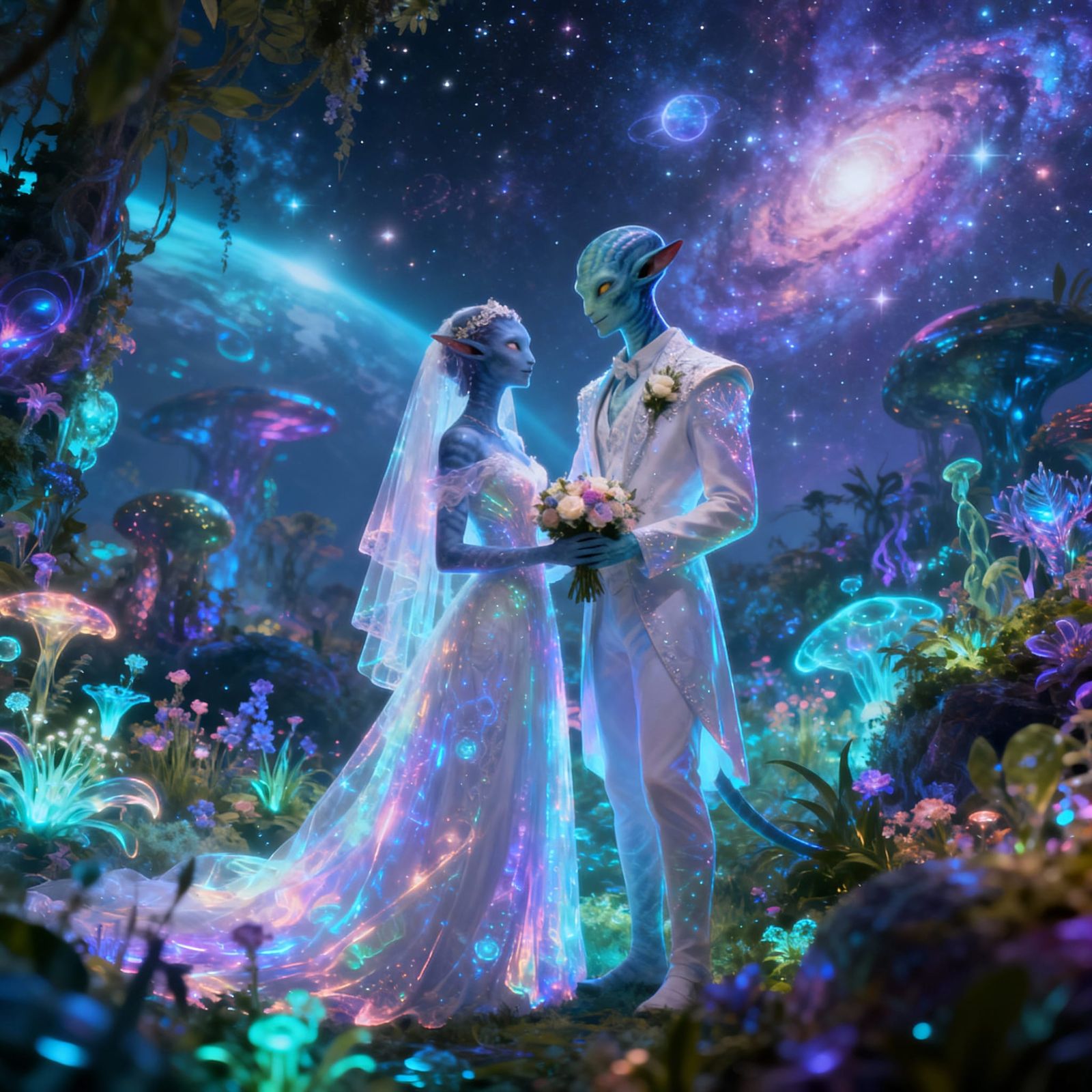 Alien Couple's Celestial Wedding in Astral Garden