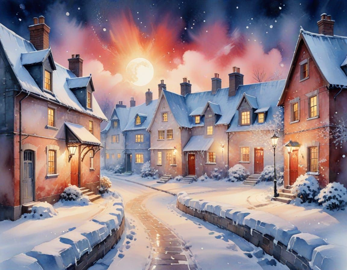 Winter Alley Watercolor Painting with Aurora Borealis