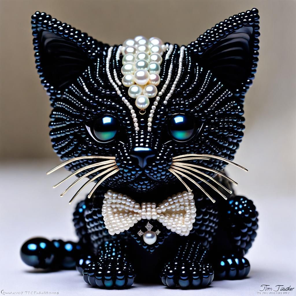 Beaded Jeweled Black Kitten Statue in Dot Art