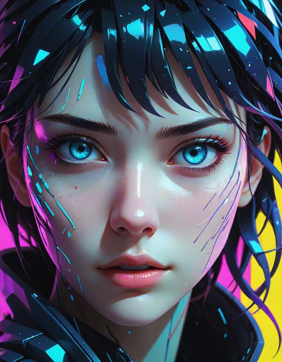 Anime Girl's Face Melting into Digital Glitch Art