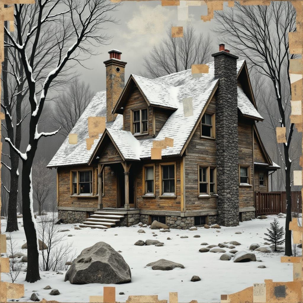 Snowy Photo Collage Cottage in Dreamlike Style