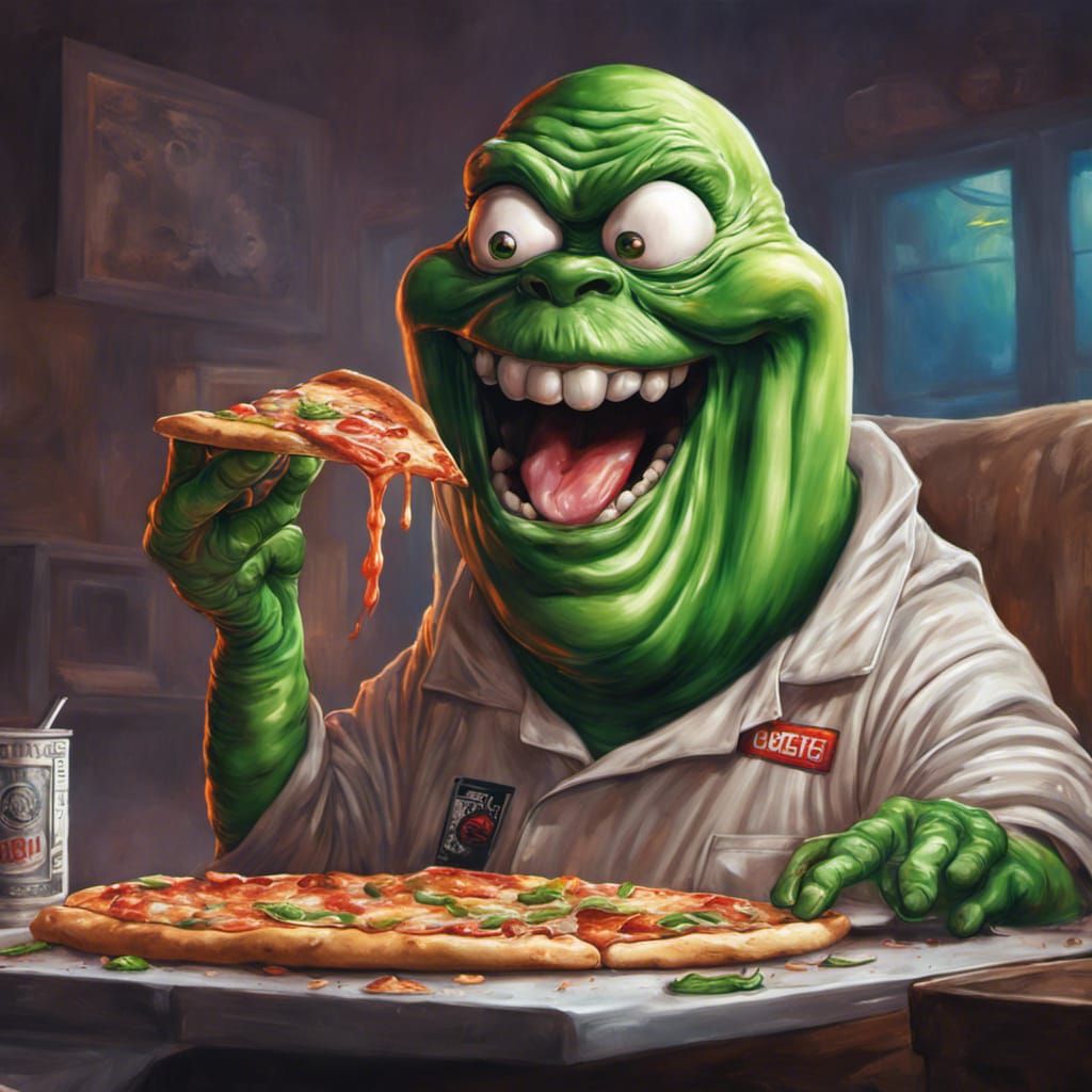 Slimer and Casper Share Pizza: Hyperrealistic Art