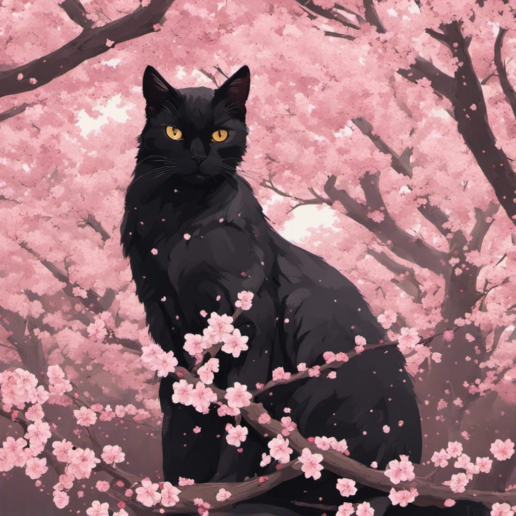 Black cat surrounded by cherry blossoms