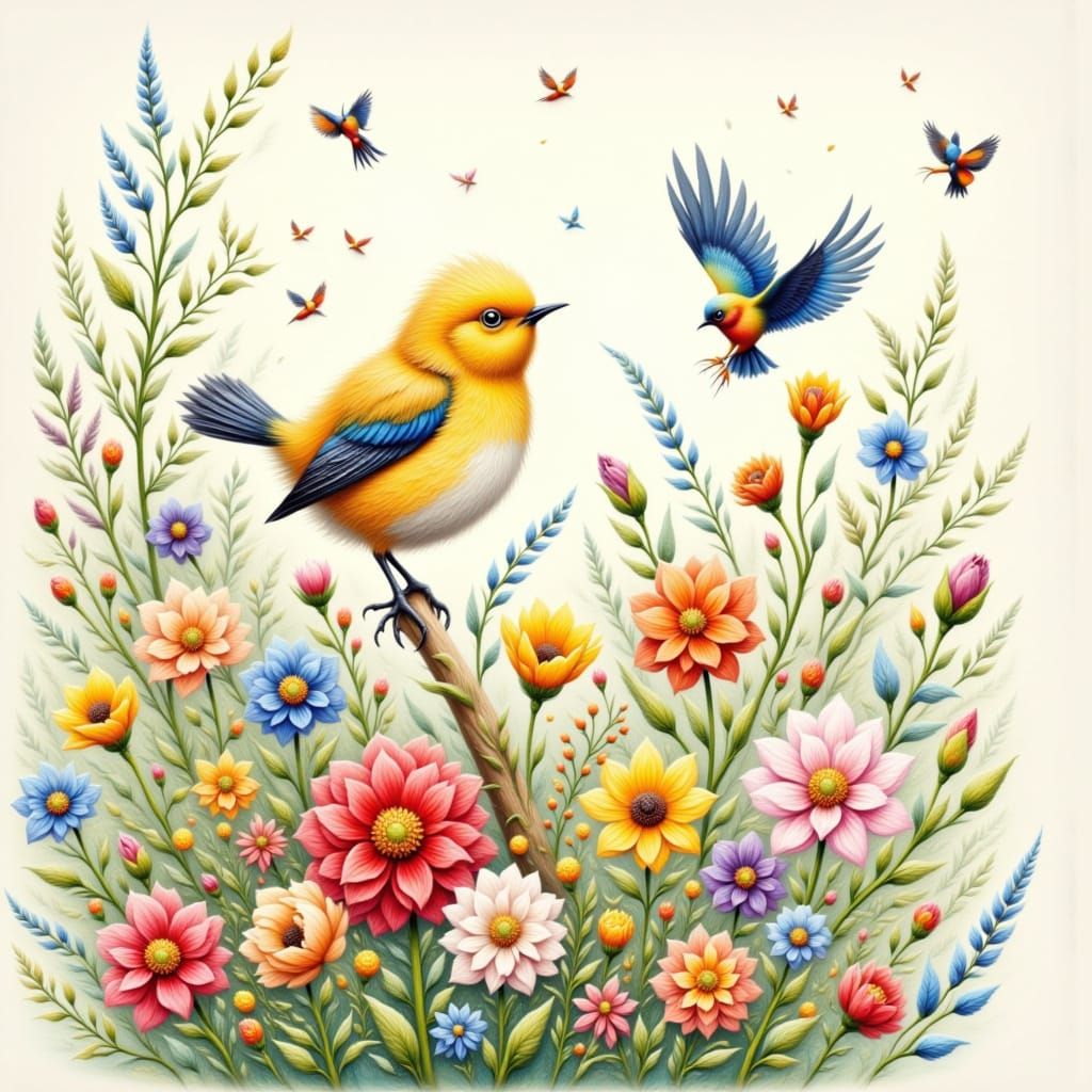 Fluffy Bird on a Flowering Bush as Impasto Art