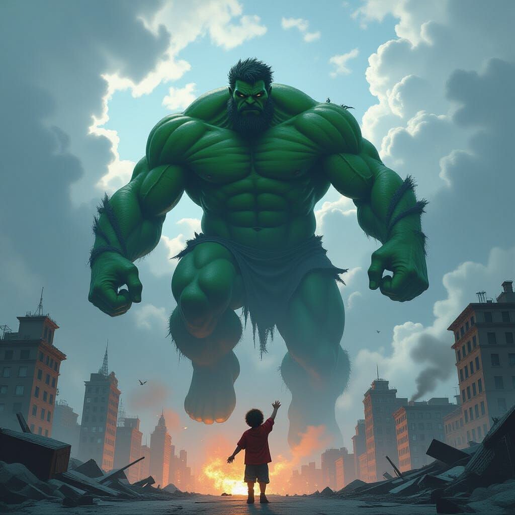 Green Giant Rescues Child Over War-Torn City
