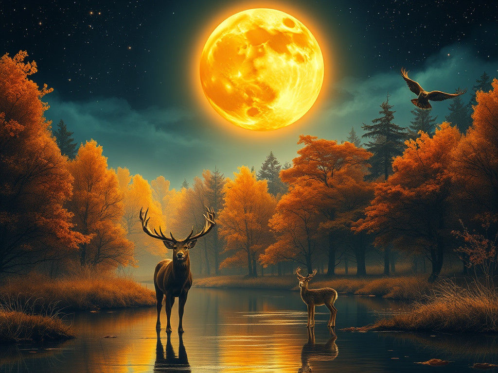 Golden Moonlit Forest with Deer: A Celestial Symphony