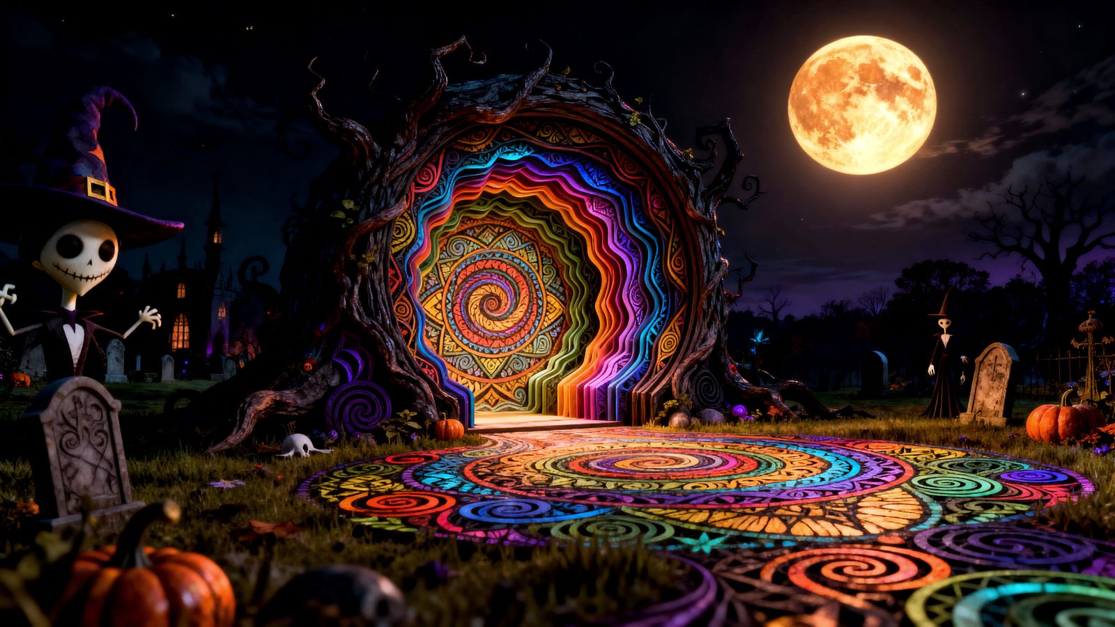 Magical Harvest Moon Portal in Optical Illusion Style